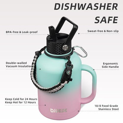 BJPKPK 50oz Insulated Water Bottle with Straw Lid Stainless Steel Water Jug - color: Marshmallow, style: 50oz-Side Handle