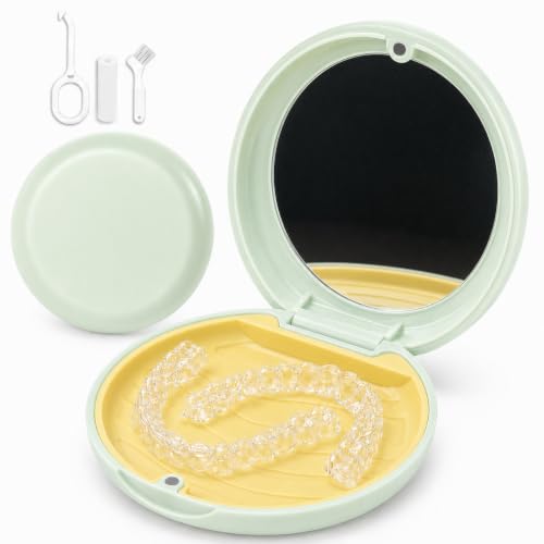 Retainer Case with Mirror, Slim Aligner Case for Invisalign with Tool Kit | Secure Magnetic Closure • Removable Silicone Liner • Pocket-Size for Travel • Full Kit: Removal Tool, Aligner Seater & Brush - color: Sage Green Mirror