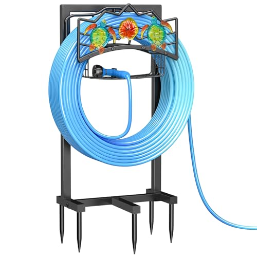 Garden Water Hose Holder with 5 Spikes, Upgraded Freestanding Heavy Duty Hose Hanger Holds 150-feet Hose, Sturdy Hose Stand Storage Rack for Outside Yard Lawn (Black - Turtle)