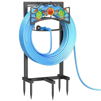 Garden Water Hose Holder with 5 Spikes, Upgraded Freestanding Heavy Duty Hose Hanger Holds 150-feet Hose, Sturdy Hose Stand Storage Rack for Outside Yard Lawn (Black - Turtle)