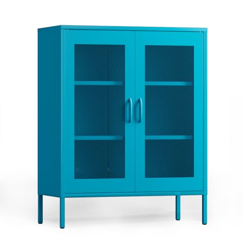 Metal Cabinet, Metal Storage Cabinets with 2 Mesh Doors and Adjustable Shelves, Locker Cabinet Storage for Coffee Bar TV Stand Bedroom Kitchen Buffet Sideboard Bookcase, Peacock Blue 40''H - color: Peacock Blue