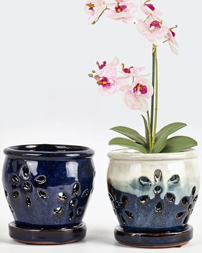 4 Inch Ceramic Orchid Pots with Drainage Holes and Saucers, 2 Pcs Small Planters for Orchids Succulents Repotting, Indoor Outdoor Ceramic Flower Pots for Healthy Root Growth (Blue, Blue Mixed) - color: Blue, Blue Mixed
