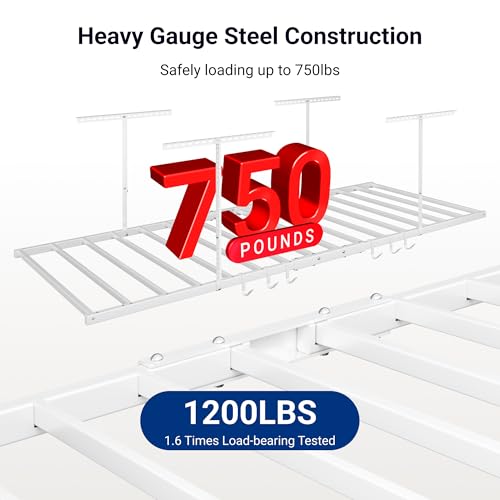 FLEXIMOUNTS 4x8 Overhead Garage Ceiling Storage Rack with 6 Hooks, White | 750lbs Capacity, 22.6"–39.4" Adjustable Dropdown, Heavy-Duty Metal Ceiling Racks, Storage Organization System, Lite Series - color: White