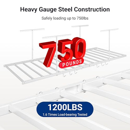 FLEXIMOUNTS 4x8 Overhead Garage Ceiling Storage Rack with 6 Hooks, White | 750lbs Capacity, 22.6"–39.4" Adjustable Dropdown, Heavy-Duty Metal Ceiling Racks, Storage Organization System, Lite Series - color: White