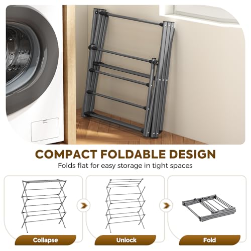 KINGBOARD 3-Tier Extendable Clothes Drying Rack, Small & Foldable, Grey | 37.4"H x 33.8"W x 11.2"D, Space-Saving Collapsible, Easy Assembly, Rust-Resistant Iron Frame, Indoor Outdoor Use, 25lb - color: Gray