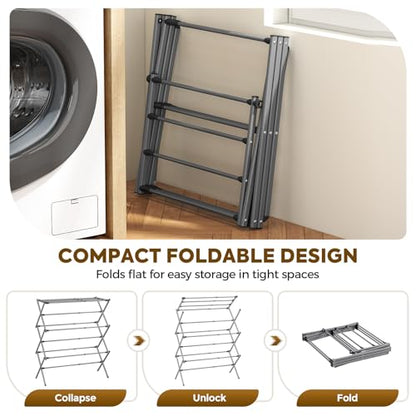 KINGBOARD 3-Tier Extendable Clothes Drying Rack, Small & Foldable, Grey | 37.4"H x 33.8"W x 11.2"D, Space-Saving Collapsible, Easy Assembly, Rust-Resistant Iron Frame, Indoor Outdoor Use, 25lb - color: Gray