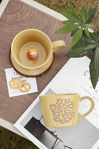 DIHOclub Leopard Coffee Cup Ceramic 3D Wild Animal Inside Mug,Cute Cartoon Handmade Figurine Mugs,Holiday and Birthday Gift for Coffee Milk Tea Lovers,12 OZ (Yellow Leopard) - color: Yellow Leopard