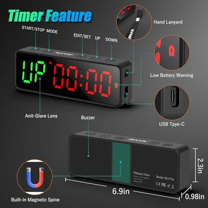 Small Gym Timer Clock Stopwatch Magnetic Workout Interval Timer, Large LED Digital Display, Home Accessories Countdown Clock for Home Gym Garage Schools (Matte Black) - color: Matte Black
