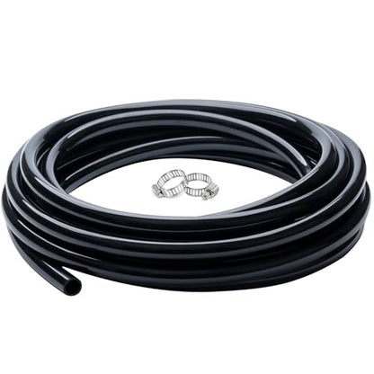 3/8" id - 10ft Black Vinyl Tubing Flexible PVC Tube Hybrid Hose Transfer Water Fuel Gas for Pond Fountain Garden Waterfall, Durable and Safe, with 2 Hose Clamps