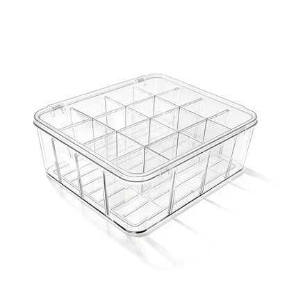 Socks Underwear Drawer Organizer, 16 Compartment Clear Plastic Storage Box with Lid & Adjustable Dividers, Tie Box, Tea Bag Organizer, Acrylic Organizer Box (12x10x3.9 Inch)