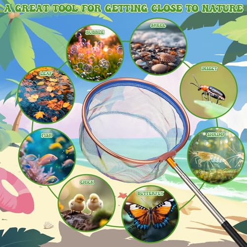 2 Pack Telescopic Kids Fishing Net with Handle, 2 Collapsible Bucket Sand Pail, Stainless Steel Foldable Fishing Net Small Fishing Butterfly Bug Net Beach Shovel with Storage Bag - color: Green Pink Purple Blue
