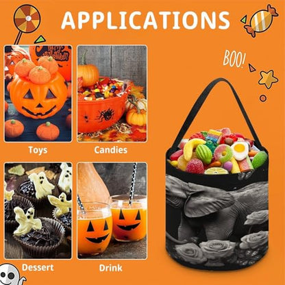 Halloween Trick Or Treat Bags With Handles Collapsible Candy Bucket Reusable Elephant And Butterfly Printed Goody Bucket For Holiday Party Gifts - color: Elephant and Butterfly