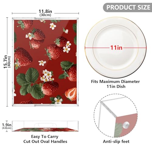 Acrylic Tray Clear Serving Vanity Ottoman Bathroom Coffee Table Countertop Organizer Raised Edge Spill Proof Red Strawberries and White Flowers - color: Red Strawberries and White Flowers