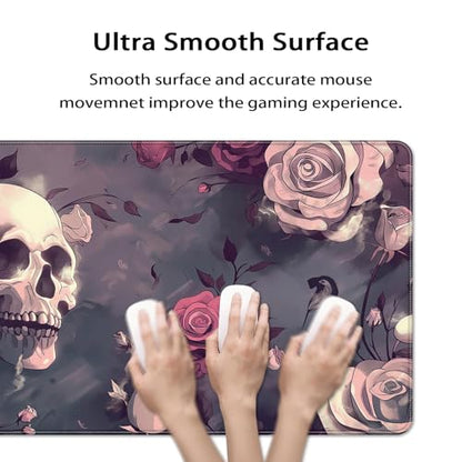 35.4 x 15.7 in, XXL Large Mouse Pad for Desk, Extended Keyboard Mouse Mat for Computer Office, Big Mouse pad with Stitched Edges, Gaming Pc-Skull red Pink Rose Butterfly - color: Skull red Pink Rose Butterfly