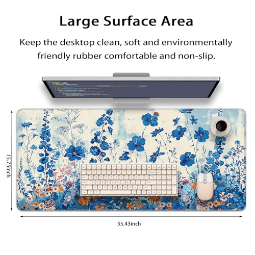 35.4 x 15.7 in, XXL Large Mouse Pad for Desk, Extended Keyboard Mouse Mat for Computer Office, Big Mouse pad with Stitched Edges, Gaming Pc-Blue Flower and Weeds - color: Blue Flower and Weeds