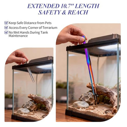 2PCS Reptile Feeding Tongs,10.6" Extra Long Stainless Steel Tweezers with Rubber Tips, Bearded Dragon Lizards Aquarium Straight and Curved Tweezers for Snake Feeding, Terrarium, Aquarium(Colorful)