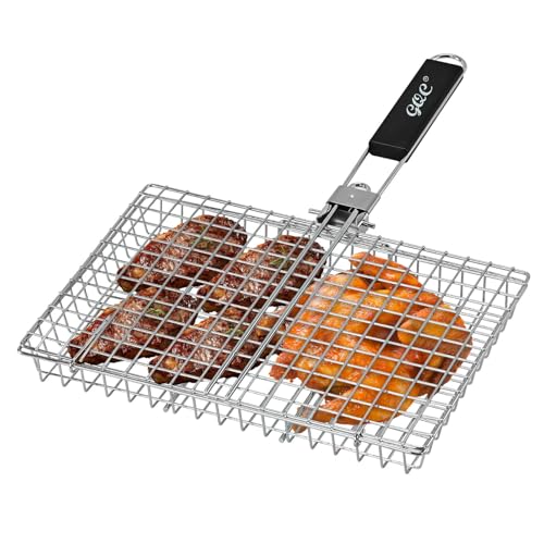 Portable BBQ Grill Basket, Fish Grill Baskets ,Folding Portable Fish Grilling Rack For Grill, 12.6x8.82x 1.97Inch, Heat-Resistant Handle, Stainless Steel Grill Basket For Veggies, Shrimp, Meat Cook