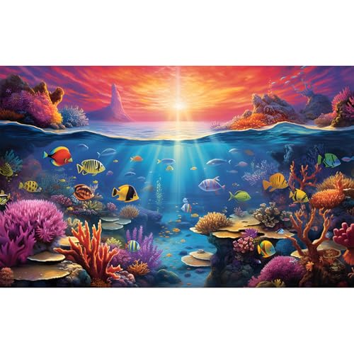 Under The Sea Aquarium Background Underwater Scene with Coral Reef Fish Tank Backdrop Tropical Plants Fishes Natural Ocean Underwater Sunset Seascape Terrarium Background Ocean Theme Backdrop 36x20in