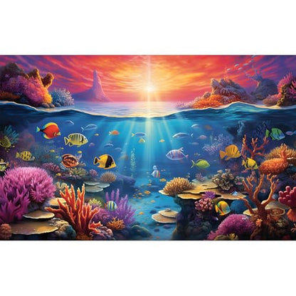 Under The Sea Aquarium Background Underwater Scene with Coral Reef Fish Tank Backdrop Tropical Plants Fishes Natural Ocean Underwater Sunset Seascape Terrarium Background Ocean Theme Backdrop 36x20in