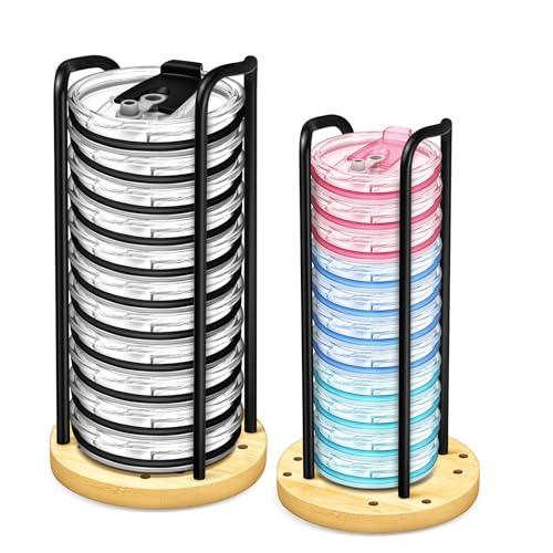 2PC Tumbler Lid Organizer, Detachable Yeti Lid Organizer Holds Up To 22 Lids, Suitable for Simple Modern Tumbler/Yeti Tumbler/Mason Jar Lids，Fit Perfectly, Stackable Steady，Bamboo Base