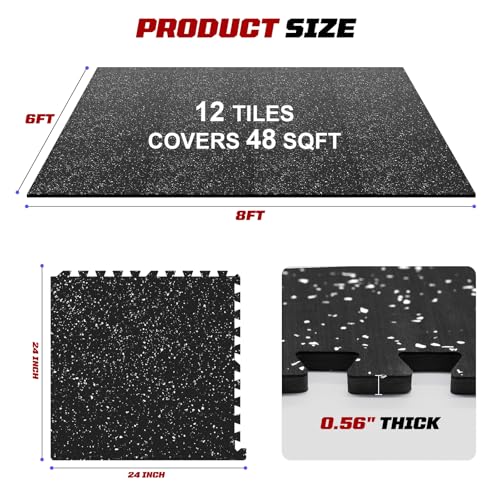 Interlocking Exercise Equipment Mats, 0.56" Thick 12 Tiles (48 Sq Ft) - Rubber Top Gym Flooring with High Density EVA Foam, Heavy Weight Workout Mats for Home GymFloor Protection,Black/White - size: 48 Sq Ft (12 Tiles)