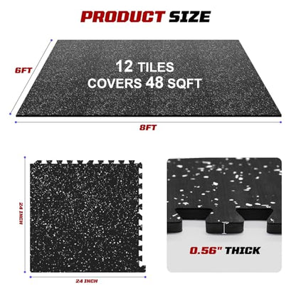Interlocking Exercise Equipment Mats, 0.56" Thick 12 Tiles (48 Sq Ft) - Rubber Top Gym Flooring with High Density EVA Foam, Heavy Weight Workout Mats for Home GymFloor Protection,Black/White - size: 48 Sq Ft (12 Tiles)