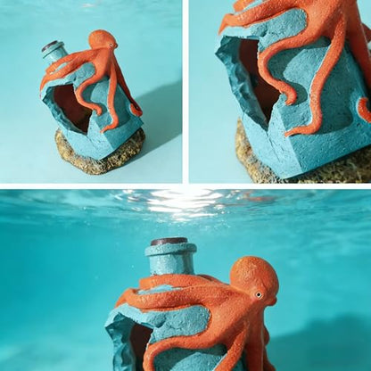 Resin Octopus and Broken Bottle Aquarium Ornament, Fish Tank Decor Hideout for Shrimp and Small Aquatic Species, Blue