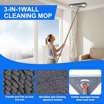 Wall Mop with 80 Inches Long Handle, Wall Cleaner Mop Tool for Window/Walls/Ceiling Fans/Dust/Baseboard/Floors Clean, 360° Ceilings Cleaner Tool Duster with Squeegee 6 Replacement Pads