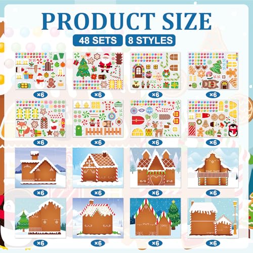 Frienda 96 PCS Christmas Gingerbread House Stickers Kit Winter Make a Gingerbread House Stickers Bulk 48 Set DIY Arts Crafts for Xmas Decoration Christmas Party Favors Home Game Activities - style: Gingerbread House