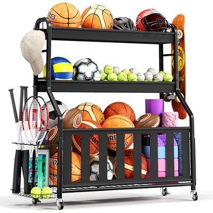 Sports Equipment Organizer, Large Capacity Garage Ball Storage Rack | Heavy-Duty Rolling Ball Cart with Locking Wheels for Basketball, Soccer & Sports Gear