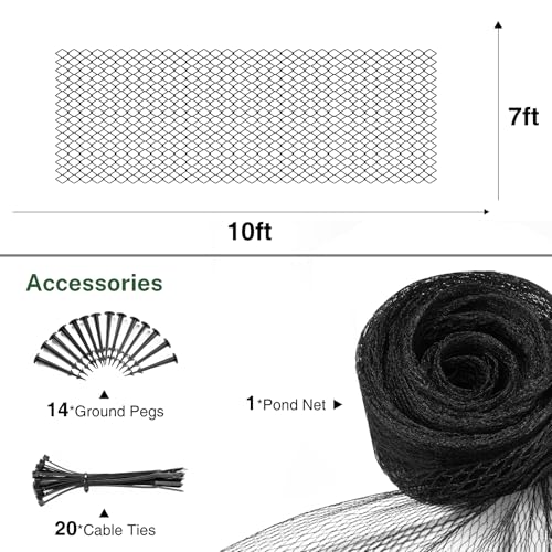 Pond Netting for Koi Ponds, 7 x 10ft Koi Pond Net Cover, Durable & Sturdy Pond Netting Cover for Leaves, Protect Koi Fish Against Herons, Raccoons, Cats & Predators, 12pcs Stakes Included