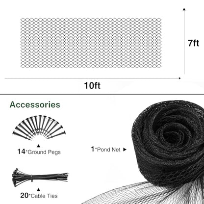 Pond Netting for Koi Ponds, 7 x 10ft Koi Pond Net Cover, Durable & Sturdy Pond Netting Cover for Leaves, Protect Koi Fish Against Herons, Raccoons, Cats & Predators, 12pcs Stakes Included