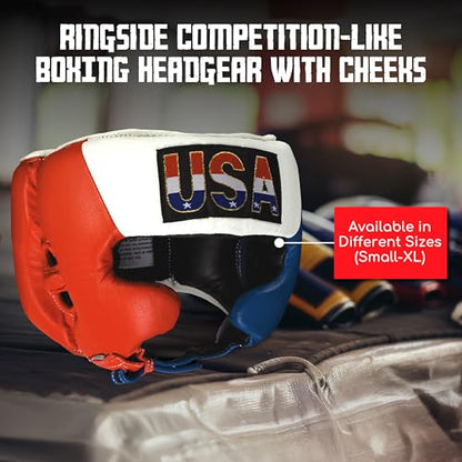 Ringside Competition-Like Boxing Headgear with Cheeks - color: Red-White-Blue, size: Medium