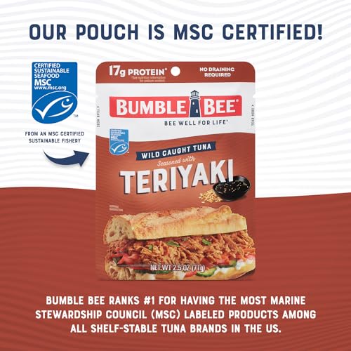 Bumble Bee Teriyaki Seasoned Tuna Pouch - Ready to Eat, Wild Caught Fish for Snack, Salad, Korean Tuna Bowl - 17g Protein per Serving - PERFECT, PORTABLE, GOODNESS - 2.5 oz Packet (Pack of 12)