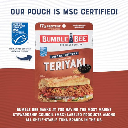 Bumble Bee Teriyaki Seasoned Tuna Pouch - Ready to Eat, Wild Caught Fish for Snack, Salad, Korean Tuna Bowl - 17g Protein per Serving - PERFECT, PORTABLE, GOODNESS - 2.5 oz Packet (Pack of 12)