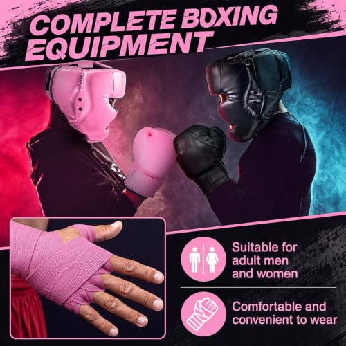 Kanayu 14 Pcs Boxing Gloves and Headgear Set for Beginners Youth 16 Ounce Boxing Gloves Headgear Helmet Hand Wraps Mouth Guards Equipment for Beginners Training Equipment Gifts - color: Black, Pink