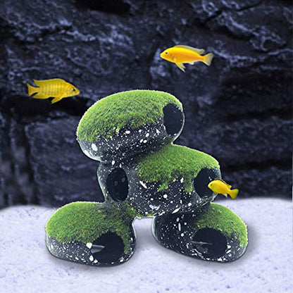 Stone Aquarium Hideaway Decoration Resin Cichlids Rock Decor with Artificial Moss Betta Cave Hideout Shelter Tunnel Fish Tank Ornament for Shrimp,Short Bream and Crayfish(L)