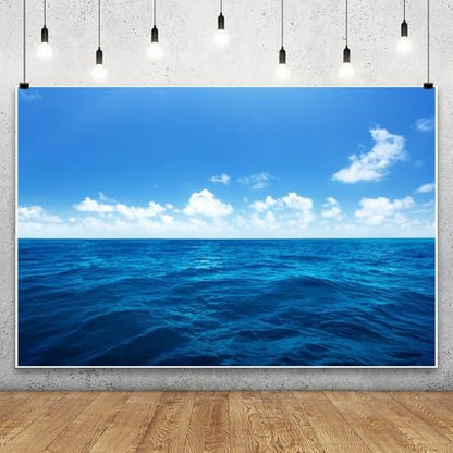 Yeele 8x6ft Blue Ocean Scene Backdrop Blue Sky White Clouds Sea Wave Natural Seascape Photography Background for Sea Theme Baby Shower Kids Birthday Party Decoration Photo Shoot Props Vinyl