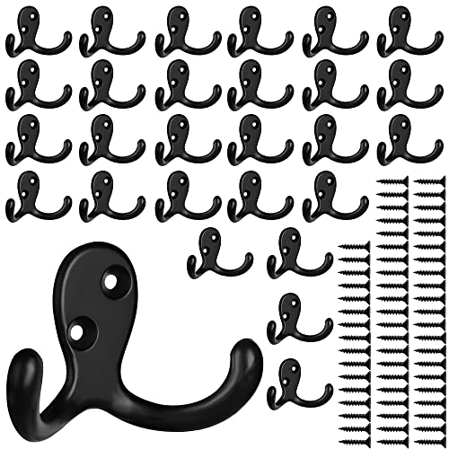 IBosins 28 Pack Heavy Double Prong Coat Hooks Wall Mounted with 56 Screws - color: 28 Pcs Black