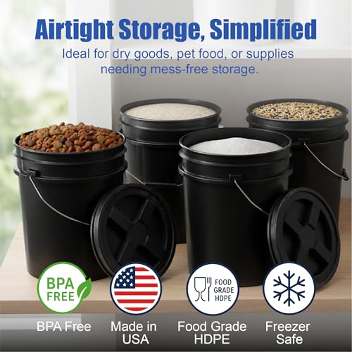 5 Gallon Bucket - Food Grade Bucket, Metal Handle Grip, BPA-Free, Heavy-Duty 90 Mil HDPE Plastic Pail, Stackable Utility Container, Made in USA, Lid Not Included, Black, 6 Packs - color: Black, size: 6 Packs