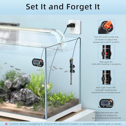 Aquarium Heater 25W/50W/100W/200W/300W, Adjustable Knob Fish Tank Heater with Digital Thermometer, Submersible Betta/Turtle Tank Heater for Freshwater and Saltwater Tanks - size: 100W for 10-30 gallon