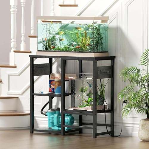 5-10 Gallon Fish Tank Stand with Power Outlets, 4 Tier Metal Aquarium Stand with Wood Storage Shelves, 20.3" L x 10.6" W x 30.3" H Turtle Reptile Fish Tank Table Aquarium Table - Black