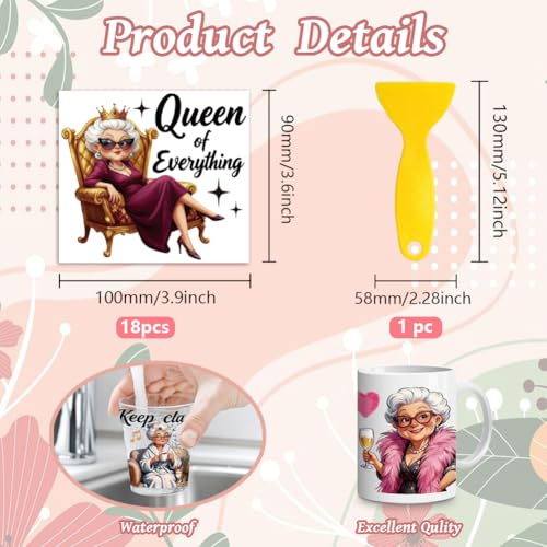 Peacoblue 18 Sheets Rub on Transfers for Crafts, Funny Grandma 3.6"x3.9" UV DTF Cup Wraps Waterproof Rub on Cold Transfers Stickers for Wood Glass Metal Cup Tumblers Mirrors Mugs Home Decor - style: Funny Grandma