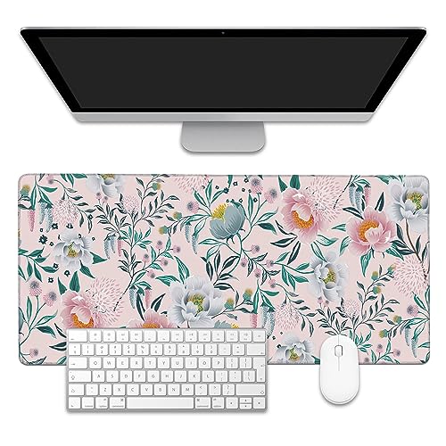 Floral Desk Mat,Large Gaming Mouse Pad,Non-Slip Rubber Base Desk Pad with Stitched Edges for Desk Office Home Decor 35.4X15.7 Inch - color: Floral