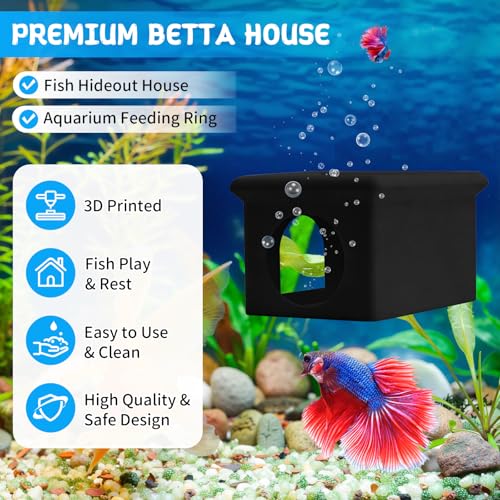 Floating Betta Fish Hammock Cave House for Aquarium, 3D Printed Betta Shrimp Feeder & Hideout Cave Toys, Small Aquarium Feeding Ring Decor, Turtle Fish Tank Decorations Accessories -Black