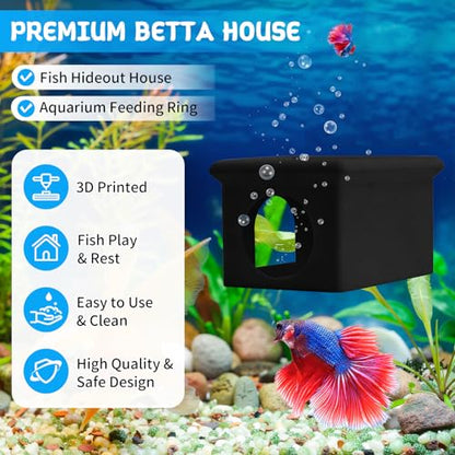 Floating Betta Fish Hammock Cave House for Aquarium, 3D Printed Betta Shrimp Feeder & Hideout Cave Toys, Small Aquarium Feeding Ring Decor, Turtle Fish Tank Decorations Accessories -Black