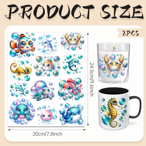 UV DTF Cup Wrap Transfer Stickers for Tumblers and Glasses, 2 Sheets Sea Animals Rub On Decals for Cups, Mugs, Water Bottles - style: Sea Animals