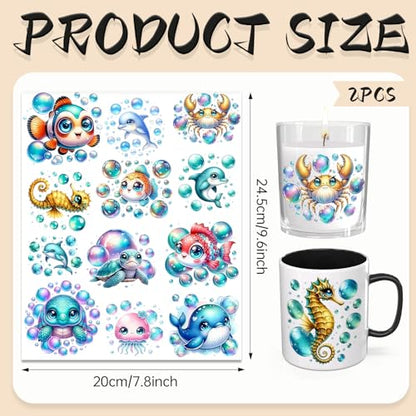 UV DTF Cup Wrap Transfer Stickers for Tumblers and Glasses, 2 Sheets Sea Animals Rub On Decals for Cups, Mugs, Water Bottles - style: Sea Animals