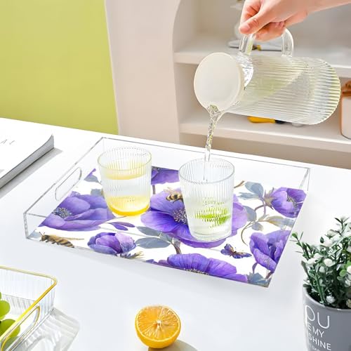 Acrylic Tray Clear Serving Vanity Ottoman Bathroom Coffee Table Countertop Organizer Raised Edge Spill Proof Purple Anemone Bees - color: Purple Anemone Bees