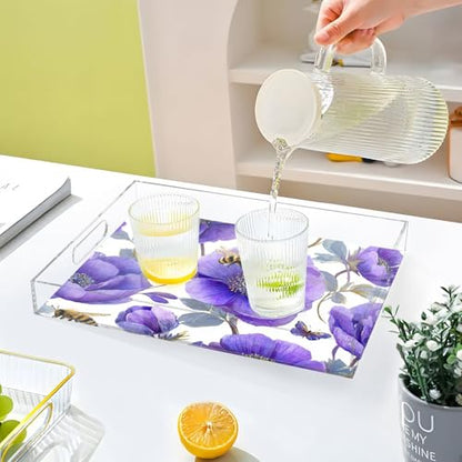 Acrylic Tray Clear Serving Vanity Ottoman Bathroom Coffee Table Countertop Organizer Raised Edge Spill Proof Purple Anemone Bees - color: Purple Anemone Bees